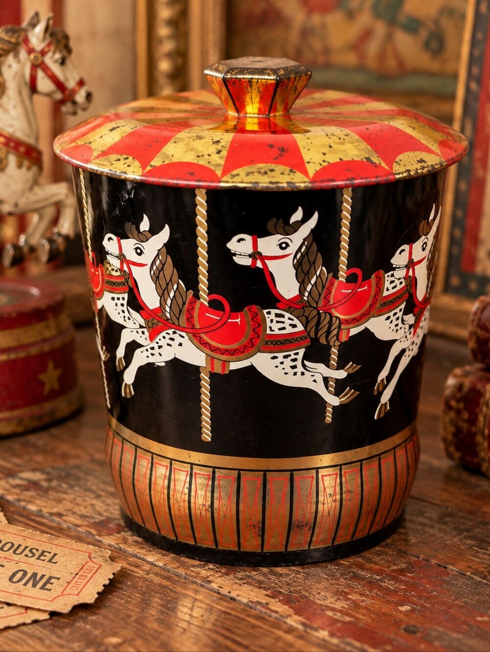 Vintage English Carousel Horse Metal Tin with Lid – Red, Black & Gold